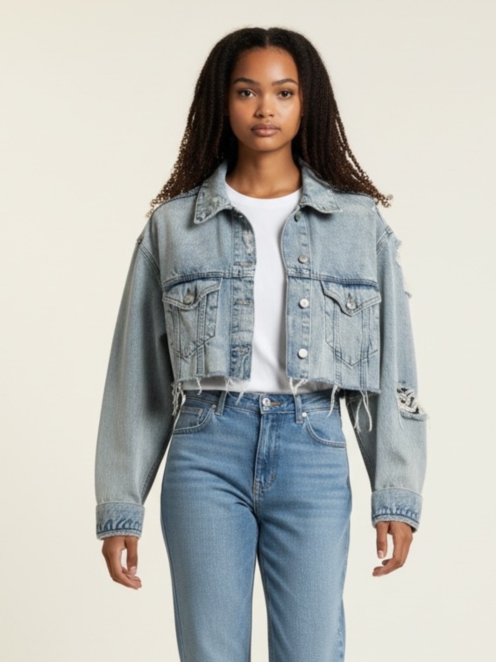 Zara Light Wash Cropped Distressed Denim Jacket
